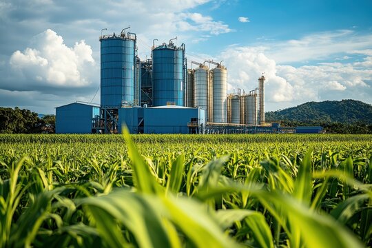 A field of maize with a blue factory in the distance under cloudy, blue sky. Use to show manufacturing, agriculture, industry, and the environment.