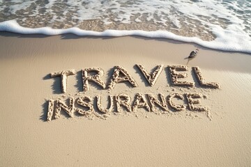 Fototapeta premium Travel insurance written on sandy beach by ocean waves