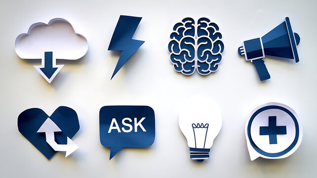 Modern abstract icons Blue paper cutouts on white background Ideas communication and innovation