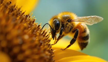 Honeybee Gathering Pollen on Bright Yellow Flower in Closeup Nature Shot