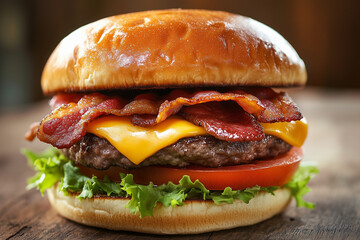 An appetizing bacon cheeseburger including a beef patty and lettuce