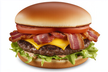 An appetizing bacon cheeseburger including a beef patty and lettuce