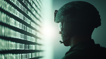 Soldier's Silhouette Against Code Wall with Military Radio Background