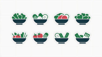 Fresh salad bowls various vegetable combinations vibrant icons