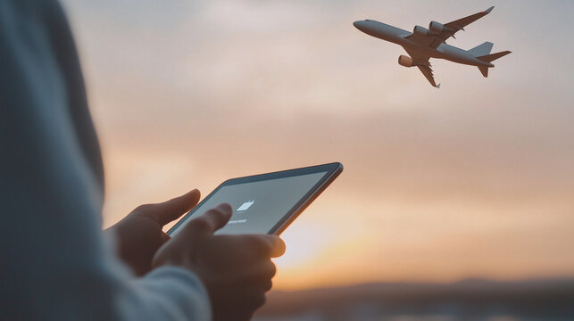 Cybersecurity Alert on Tablet with Jet Flying at Dawn