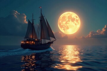 A ship navigating through calm waters with a bright full moon in the sky, vessel, night
