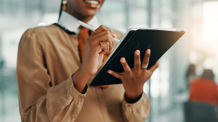 Businesswoman, tablet and hands with pen in office for editing fashion magazine, online review and...