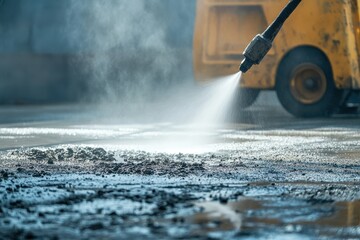 Close up of a high pressure washer spraying water on a dirty concrete surface. Illustrates cleaning, maintenance, or industrial processes effectively.