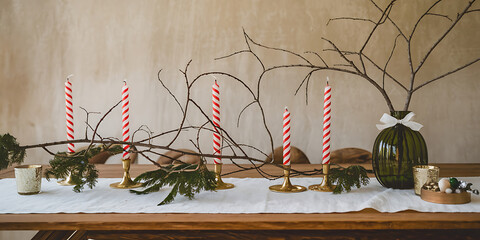 Rustic Christmas table setting with candy cane candles branches and greenery