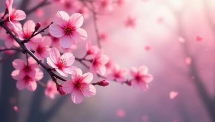 abstract pink sakura blossoms floating down in a soft focus landscape , nature, landscape, abstract