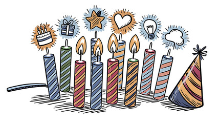 Colorful birthday candles with party decorations.
