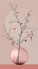 Elegant Botanical Arrangement with Berries in a Rounded Rose Vase on a Soft Pink Background Tone