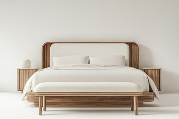 A minimalist modern bedroom with a large wooden bed and bench