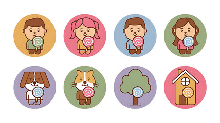 Obraz premium Cute cartoon characters and objects holding lollipops