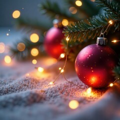 Beautiful Christmas Ball Garland with Twinkling Lights, frozen pond, holiday ornaments