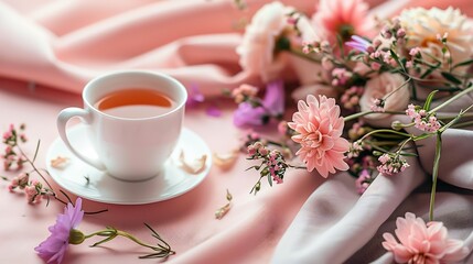 Comforting Get Well Soon wish card gentle pastel color scheme bouquet of fresh flowers and a warm cup of herbal tea The card includes a blank section for adding recipient details and encouraging words