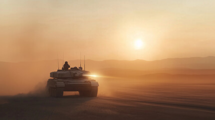 Soldier syncing smartwatch with tank during sunrise