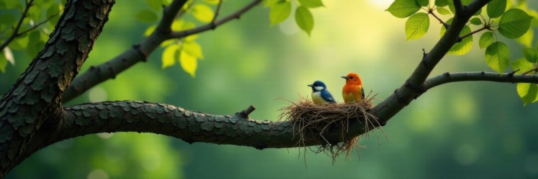 Birds nesting on curved branches of a unique tree species, twigs and leaves, birds in nest