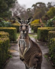 Fototapeta premium Western Grey Kangaroo standing well maintained suburban park surrounded sculpted hedge paved walkway symbolizing balance between wildlife urbanization Overcast lighting provides soft even illumination