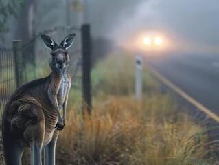 Western Grey Kangaroo standing motionless near roadside fence early morning fog rolling distant car headlight creating eerie glow Atmospheric storytelling dramatic lighting soft shadow enhances