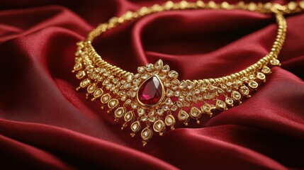 Fototapeta premium A bridal gold maang tikka with a teardrop gemstone centerpiece arranged on a luxurious satin cloth.