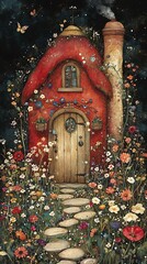 Enchanted Cottage with Red Thatch Roof Surrounded by Vibrant Blooms in Dreamy Artistic Garden Scene