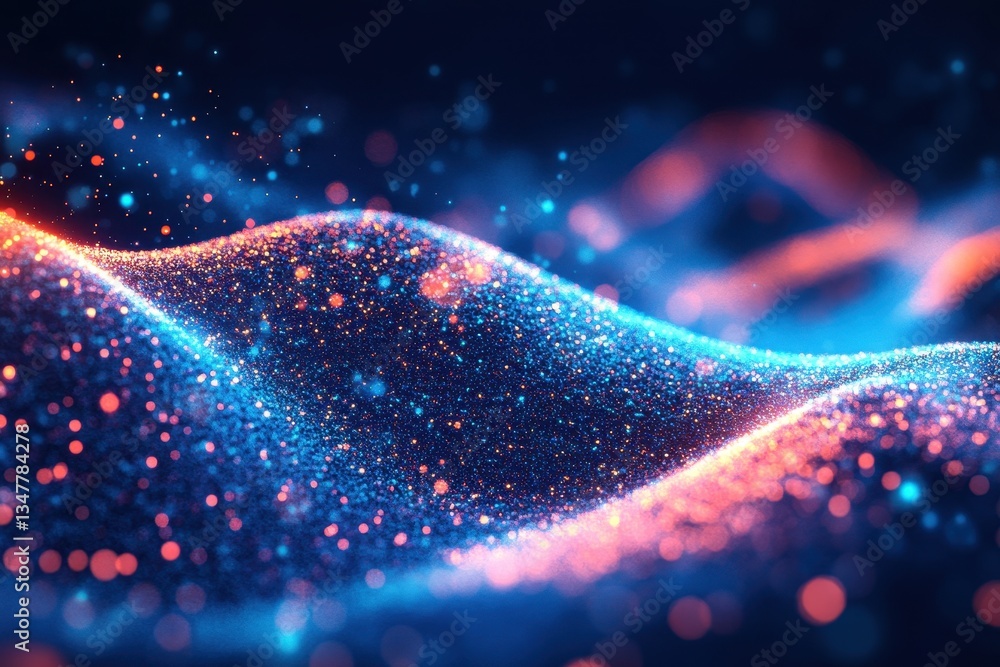 Poster blue and orange particles form a wave in a digital space. ideal for illustrating abstract data, futu