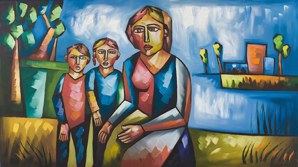 A vibrant abstract cubist scene of a woman with two children set against a stylized landscape