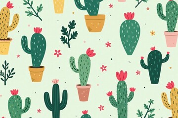 Stylized flat design cactus pattern in pastel colors for wallpaper or fabric, desert, succulent, seamless