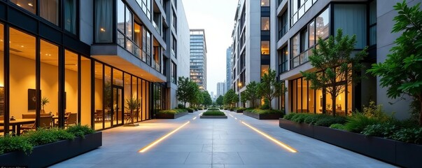 Stylish urban courtyard surrounded by tall buildings and glass walls, courtyard, modern, architecture