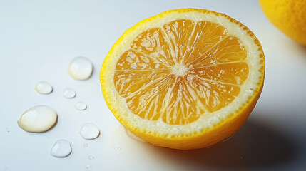 Freshly Cut Lemon on a Pristine White Surface, Radiating Bright Yellow Hues with Juicy Droplets Spilled Nearby