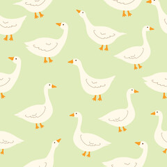 Seamless pattern with cute white goose. Vector illustration