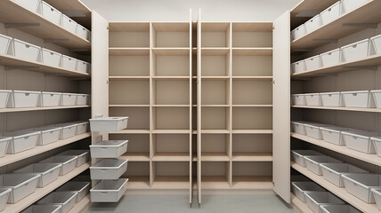 Organized storage room with light beige cabinets and white containers.
