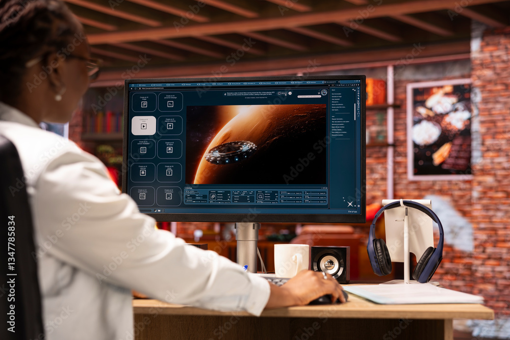 Fototapete Woman in home office getting tasks done with AI program turning text prompt into videos. Close up of person using computer to make use of text to video artificial intelligence generative models
