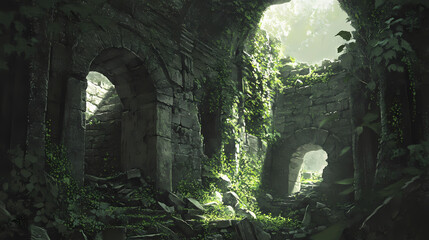 Naklejka premium An ancient ruin with vines and moss growing throughout the stone walls, showcasing nature reclaiming history. Ruined Gem. Illustration