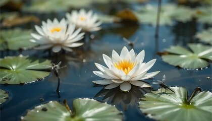 Water Lilies Blooming in Pond with Dragonflies Resting on Leaves