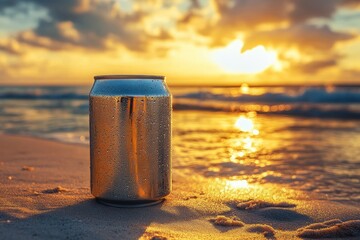 Wet aluminum can sits on sand, ocean waves and sunset light background. Perfect for summer, vacation, beverage, or a refreshing tropical getaway.