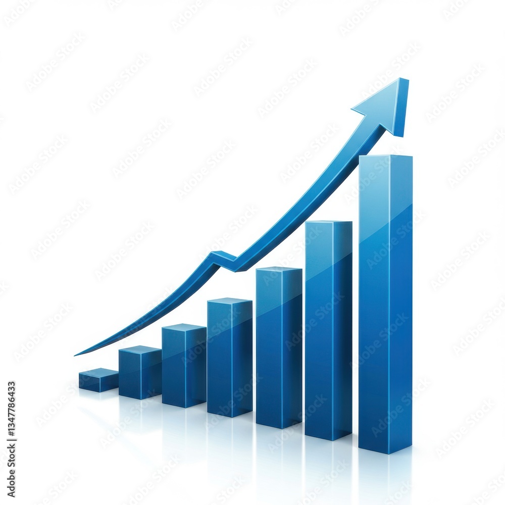 Poster 3d bar graph with ascending blue columns and upward arrow representing financial growth on a white b