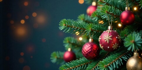 Christmas tree branch with colorful ornaments , ornaments, garland