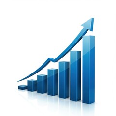 3D bar graph with ascending blue columns and upward arrow representing financial growth on a white background