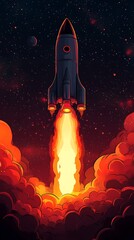 Fiery Rocket Launch into Starry Cosmos