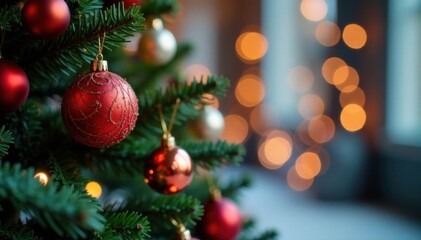 Christmas tree with colorful ornaments and lights , seasonal, ornaments