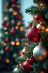 Obraz premium Christmas tree with glass ornaments in soft focus, baubles, festive decorations