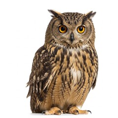 Portrait of Eurasian Eagle-Owl, Bubo bubo, a species of eagle owl, standing in front of white background