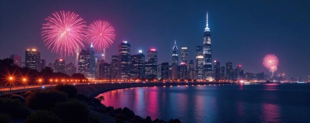 City skyline at night with fireworks and decorations, celebration, cityscape, fireworks