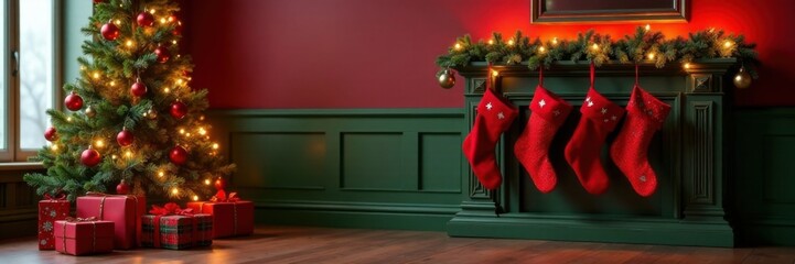 Classic red and green Christmas color scheme with a decorated mantel and stockings hanging on the wall, Christmas tree topper, Christmas colors
