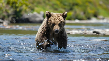 Obraz premium Brown bear cub wading in a river