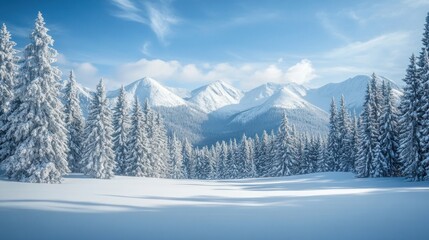Fototapeta premium Majestic Winter Wonderland, Snow-Covered Peaks and Evergreen Forest