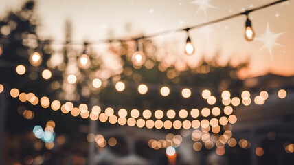 Warm evening lights bokeh outdoor string lights