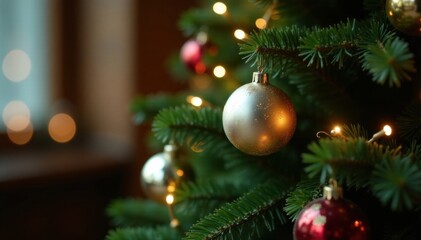 Close-up of a beautifully decorated evergreen tree with shiny metallic baubles and scattered twinkling lights , blurred shine, evergreen tree, festive patterns